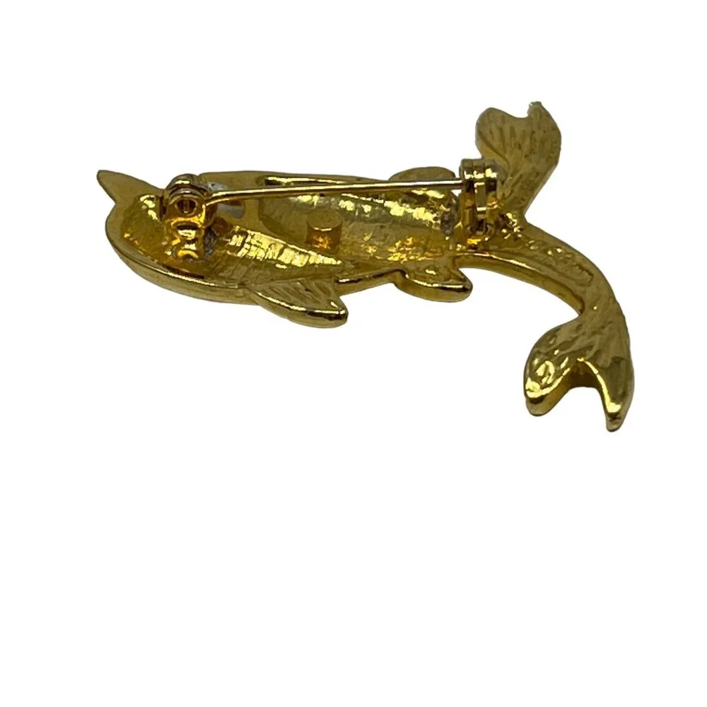 Two Dolphin Brooch Gold Tone Black Enamel Crystal Accents Porpoise‎ Pin